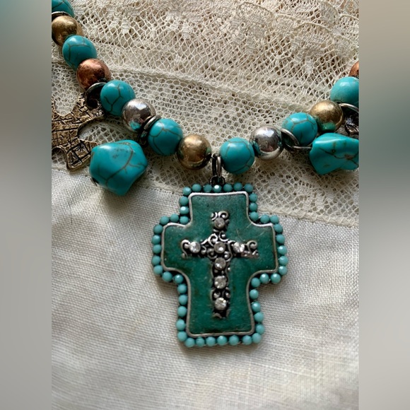 Turquoise Blue Green Cross Rhinestones Boot Chain Jewelry Southwestern Country - Picture 5 of 8